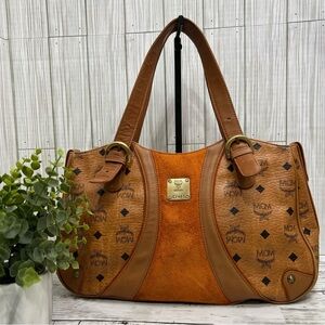 MCM Cognac Visetos Coated Canvas Leather Trim Tote Shoulder Bag
